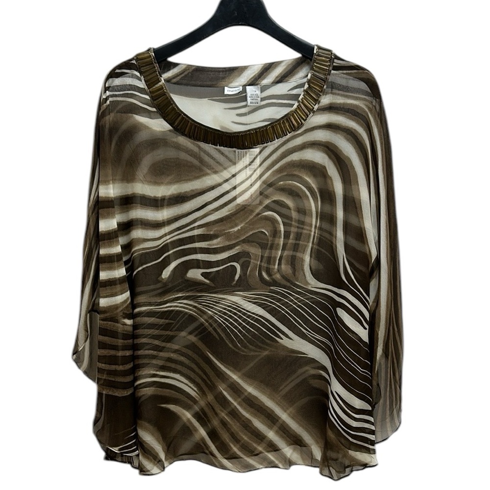 Chico’s‎ Silk Metallic Zebra Swirl Chianti Body Poncho Brown S/M Sheer Be…